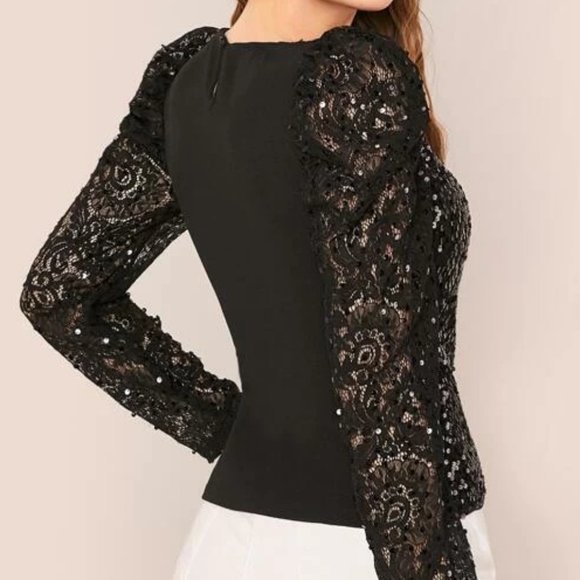 Black Lace Sleeve Sequin Top in XL - Picture 2 of 4